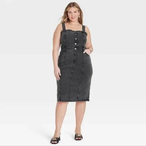 Ava & Viv Grey Denim Overall Midi Dress - Picture 1 of 5